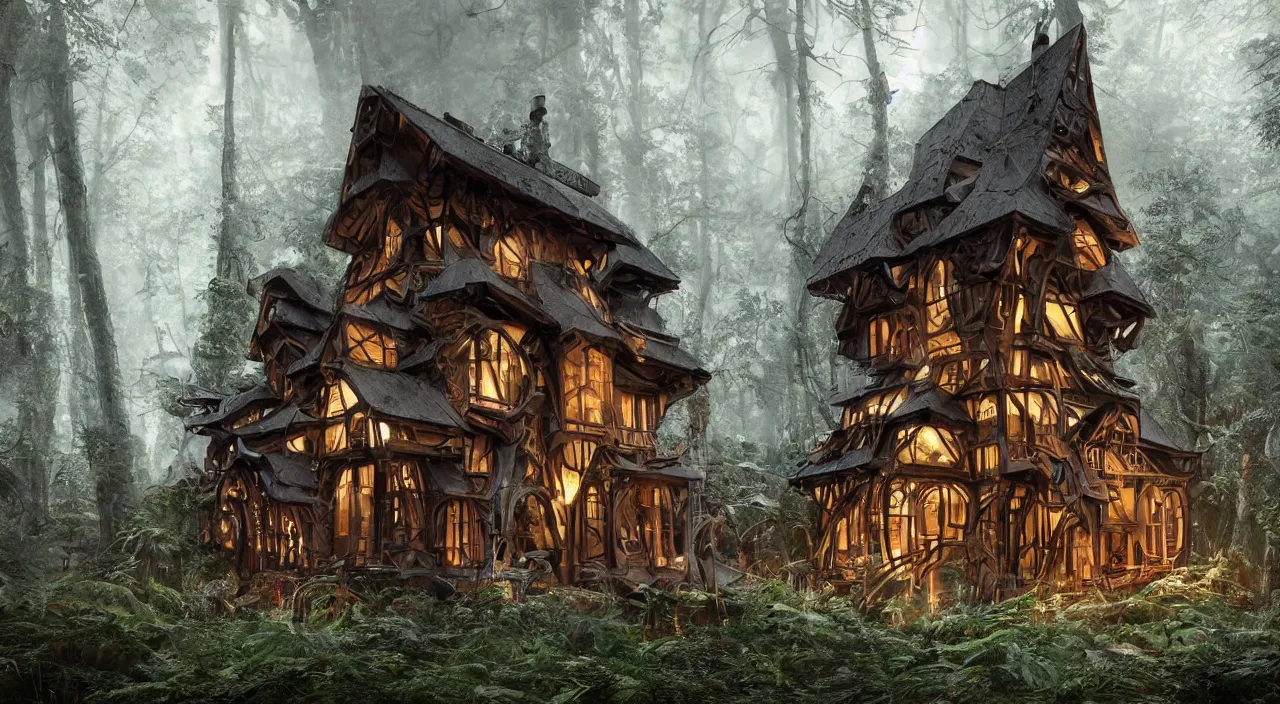 Prompt: a small wooden house built of carbon fibre surrounded by a dense forest, retro dark vintage sci-fi, matte illustration, highly detailed, baroque, crazy detail, intricate, elite, ornate, elegant, extravagant, dramatic lighting, CGsociety, hyper extremism, golden ratio, ambient key art, octane rendering, weta digital, micro detail, 3d sculpture, structures, ray tracing 8k