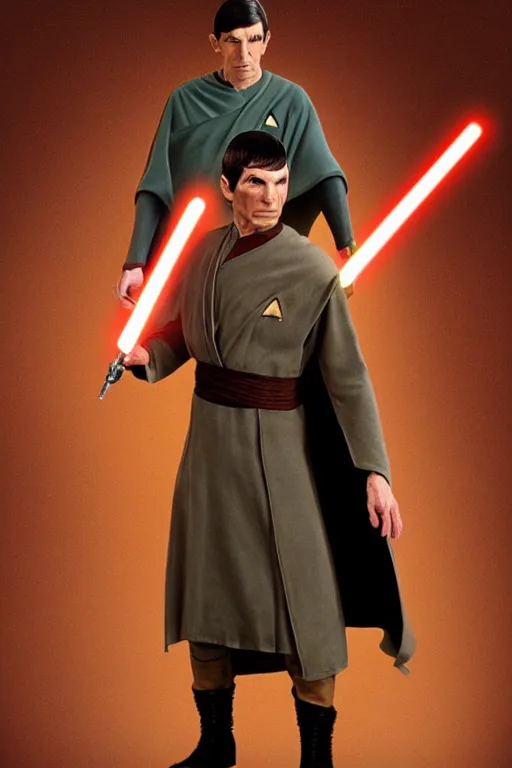 Prompt: photorealistic!! mr spock as a jedi knight, brown jedi robe, using the force, film quality