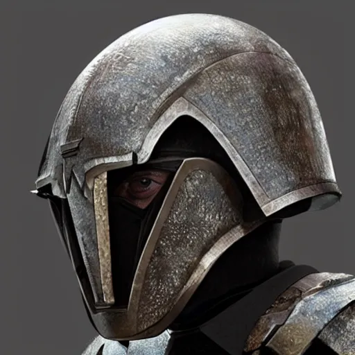 Image similar to photo of rowan atkinson in mandelorian armor helmet off, high res, realistic, high detail