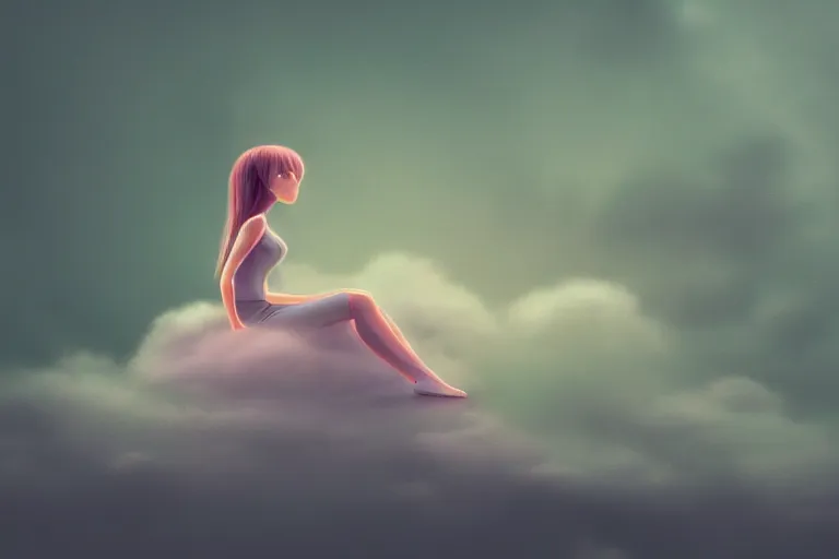 Image similar to a cute robot girl sitting on a cloud relaxing, misty, digital art, hazy, foggy, green lighting, ambient lighting, 8 k,