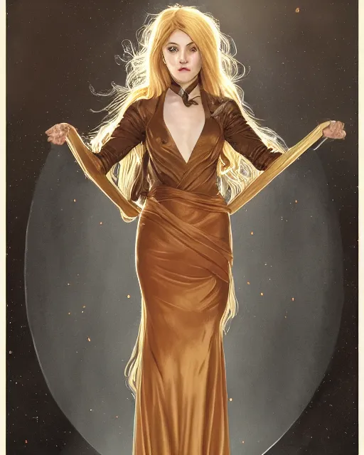 Image similar to katherine mcnamara wearing a golden dress, grey hair, red necktie, cinematic, stunning, highly detailed, digital painting, artstation, smooth, hard focus, full body shot, illustration, art by artgerm and greg rutkowski and alphonse mucha