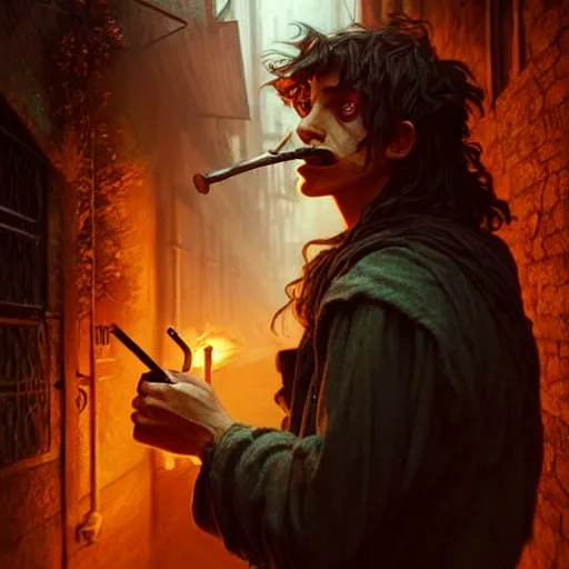 Image similar to Drug addict hobbit with crazy eyes smoking in a dark alley, ultra realistic, concept art, intricate details, dark, highly detailed, photorealistic, octane render, 8k, unreal engine, art by artgerm and greg rutkowski and alphonse mucha