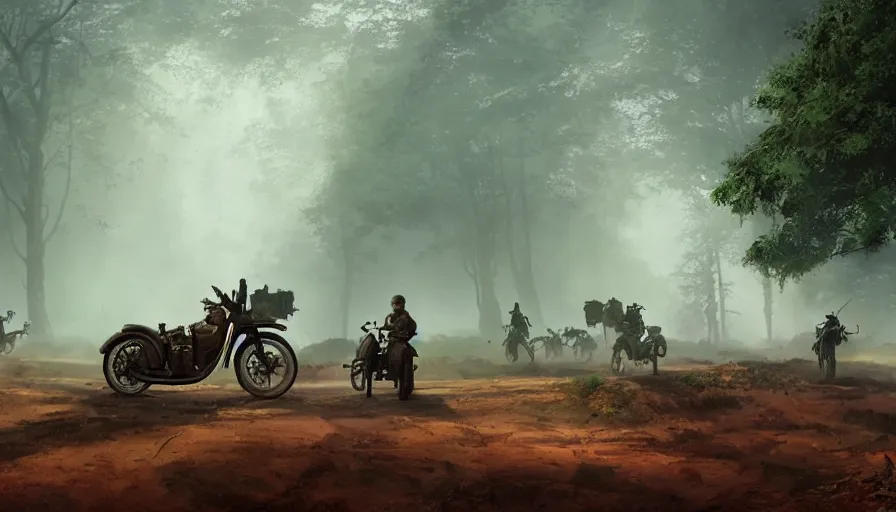 Image similar to british officer driving a motorcycle in 1921 in kerala forest road, tribe members attacking, furious action scene, chase, an epic fantasy, dramatic lighting, cinematic, establishing shot, extremely high detail, photorealistic, cinematic lighting, artstation, by simon stalenhag, horizon forbidden west
