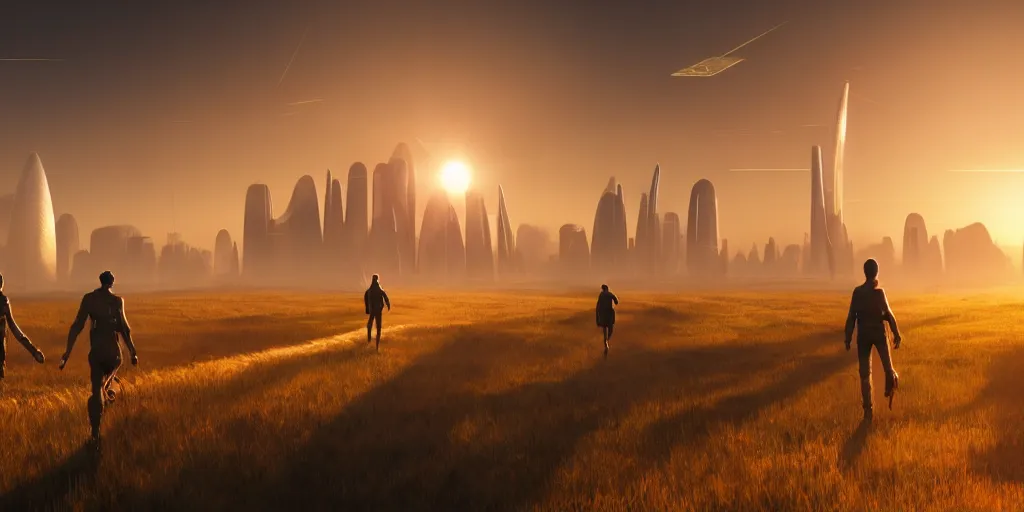 Image similar to A science fiction landscape with two people walking down a road flanked by fields, in the distance a floating futuristic city, golden hour, volumetric light, hyperdetailed, artstation, cgsociety, 8k