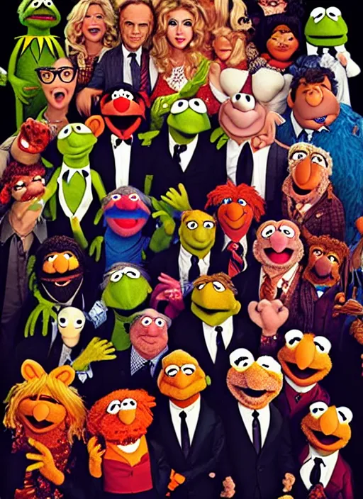 Image similar to The Muppet Show cast portrait photo, Pulp Fiction style, highly detailed, pop art poster, vector art, Unreal engine, Octane render, Weta digital, HDRP, RTX, volumetric lighting, poster artwork by Michael Whelan and Tomer Hanuka