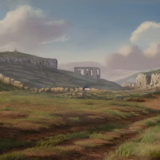 Prompt: concept art : an italian landscape in bright daylight. soft rolling hills in the foreground. in the distance a small mesa of white marble can be seen. a stone henge is standig atop the mesa