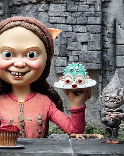 Image similar to highly detailed closeup, face profile portrait of a tin toy greta thunberg as a medieval goblin eating cakes in a castle, bikini, depth of field, nicoletta ceccoli, mark ryden, lostfish, dan decarlo, bob clampett, max fleischer, detailed and intricate environment, 8 k resolution, hyperrealistic, octane render