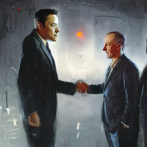 Image similar to illustration of a meeting between elon musk, mark zuckenberg, jeff bezos, very clear face, high quality, very detailled, by artgem, greg rutkowski, ruan jia