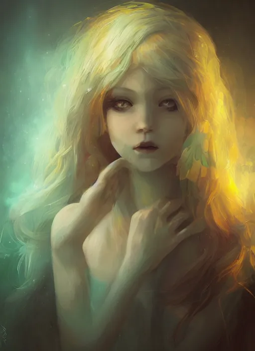 Image similar to a gorgeous flower princess portrait by WLOP, emerald yellow eyes, blue hair, digital painting, beautiful lighting, ominous, cgsociety