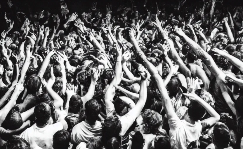 Image similar to black and white picture of a moshpit during a rock concert with red liquid being spelt all over the crowd, Cinestill 800t 18mm, heavy grainy picture, very detailed, high quality, 4k panoramic, HD criterion, dramatic lightning