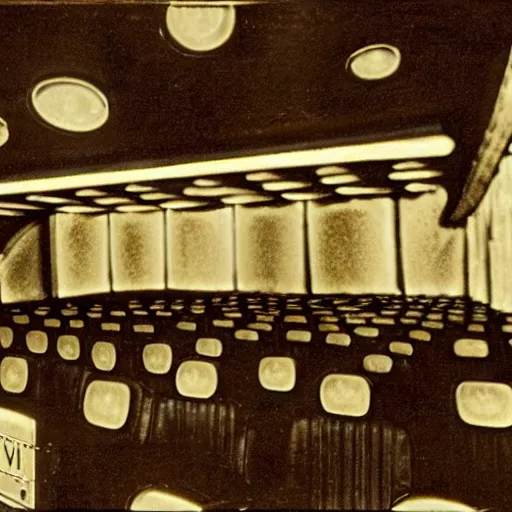 Image similar to full 1 9 5 0's movie theatre, audience all wearing vr headsets. image taken at front of theatre looking towards the crowd. dark only light coming from the screen. audience illuminated