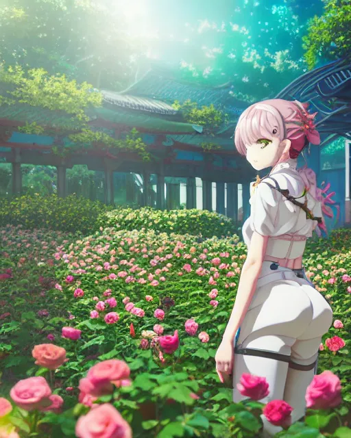 Prompt: cyborg girl in solarpunk rose garden, contemplation, anime epic artwork, kyoto animation, key visual, 4 k, ultra fine detail