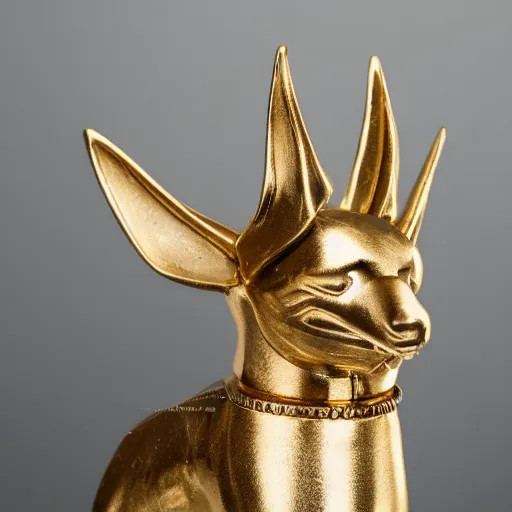 Image similar to portrait of Anubis wearing an elegant suit with a shiny gold necklace, looking at the camera, black background, studio light