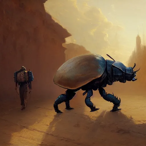 Prompt: giant rhinoceros beetle carrying a merchant's city on its back walking through a desert, panorama, oil painting, by greg rutkowski