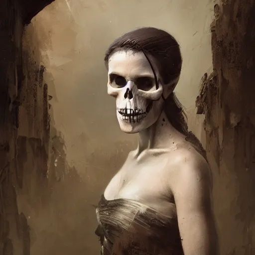 Image similar to portrait of an woman with a skull face, Matte painting , detailed painting, greg rutkowski