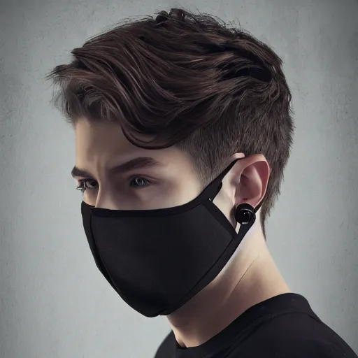 Image similar to professional digital art of a young adult man with a stylish face mask, earrings, and dark clothes, high quality, HD, 8K, highly detailed