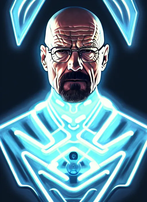 Image similar to symmetry!! portrait of walter white, sci - fi, tech wear, glowing lights!! intricate, elegant, highly detailed, digital painting, artstation, concept art, smooth, sharp focus, illustration, art by artgerm and greg rutkowski and alphonse mucha