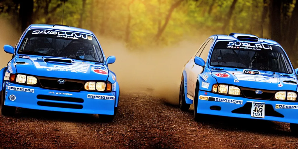 Image similar to photograph, rally car, 1999 subaru WRX, cinematic, 8k, depth of field, bokeh.