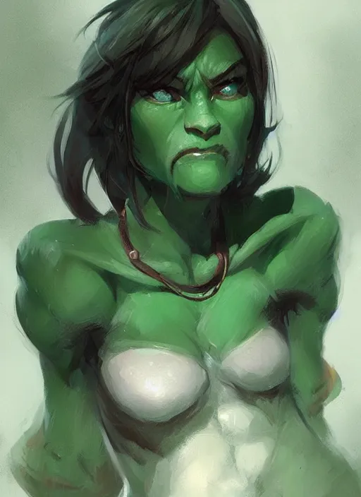 Image similar to green orc female, light green tone beautiful face by krenz cushart