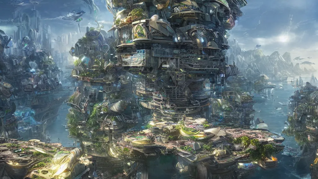 Prompt: a beautiful hyper realistic detailed matte painting of an incredible solarpunk city builds on a glass plateforme above the sea, dynamic lighting, cinematic lighting, by artgerm, stephan martiniere and fenghua zhong, retrowaves, featured on artstation
