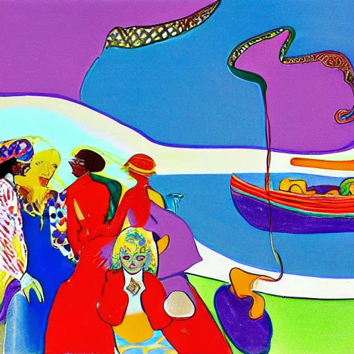 Image similar to neat illuminated manuscript by peter max. the mixed mediart of a group of well - dressed women & children enjoying a leisurely boat ride on a calm day. the women are chatting & laughing while the children play with a toy boat in the foreground.