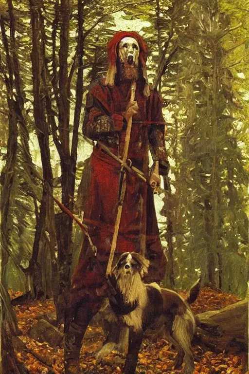 Image similar to Slavic dog head man, woolen torso in medieval clothes, walking in the forest, Orthodox Saint Christopher, oil painting, magic lights, painting by Viktor Vasnetsov, concept art, painting by Valentin Serov, hyperborea, beautiful, high resolution, trending on artstation,