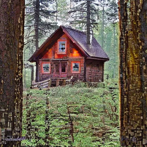 Prompt: a picture of a Eerie cabin in the middle of the woods in the style of glass mosaic