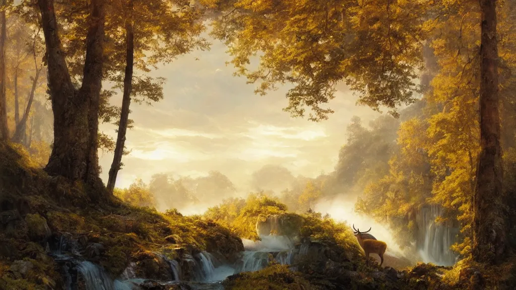 Image similar to the most beautiful panoramic landscape, oil painting, where a giant dreamy waterfall creates a river, the trees around are starting to bloom in yellow colors, a majestic deer is in close - up and it is exhaling steam, the ray lights of the sunrise are brightening him, by greg rutkowski