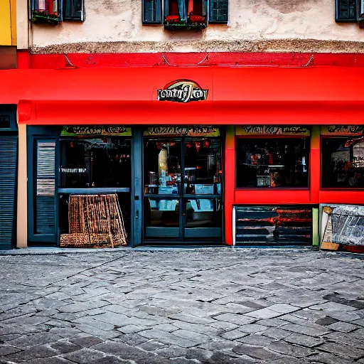 Image similar to Abstract Jeep Wrangler inspired by Italian pizza sauce, in front of a pizza shop in Italy, 4k photography