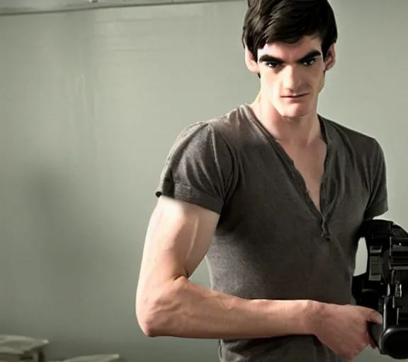 Image similar to rj mitte holding a granade, movie still, upper body shot, photorealistic, clean composition