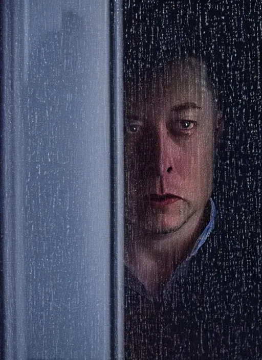 Image similar to dark photo of dark blue rainy bedroom window at night, dimly lit creepy face of elon musk staring in through the window, horror, scary face,