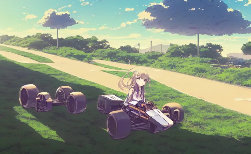 Image similar to a high school girl launch a mini 4 wd, clear summer sky background, dirt and luch landscape, illustration concept art anime key visual trending pixiv fanbox by wlop and greg rutkowski and makoto shinkai and studio ghibli and kyoto animation, tamiya cars, scale race circuit, backlit