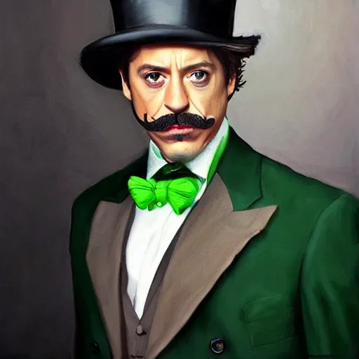 Image similar to hyper realistic portrait painting, beautifully rendered, robert downey jr. as dapper fancy luigi, moustache, wearing a green top hat, green suit and bowtie, smirking deviously, painted by greg rutkowski, wlop, artgerm, dishonored 2