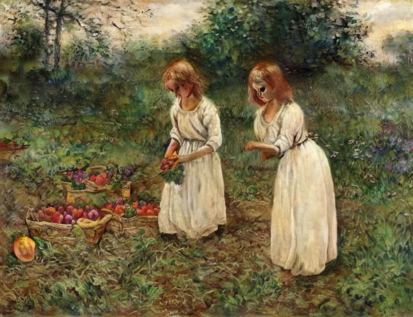 Image similar to 3 peasant girl picking vegetables from garden, cottage core, cinematic focus, polaroid photo bleached vintage pastel colors high - key lighting, soft lights, foggy, by steve hanks, by lisa yuskavage, by serov valentin, by tarkovsky, 8 k render, detailed, oil on canvas