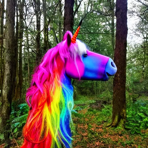 Prompt: a rainbow colored unicorn in the woods