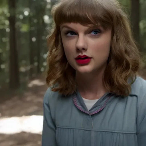 Image similar to still from Stranger Things season 6 - Taylor Swift pale and possessed as evil queen Brunhilda