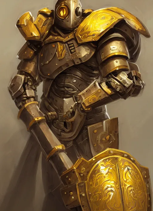 Prompt: dynamic portrait of a intricate mechanical warforged character in yellow armor holding a paladin engraved great longsword and carrying a big shield, epic , trending on ArtStation, cinematic lighting, by Jesper Ejsing