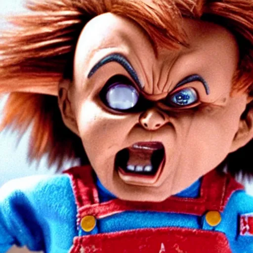 Prompt: chucky doll screaming in too gun movie