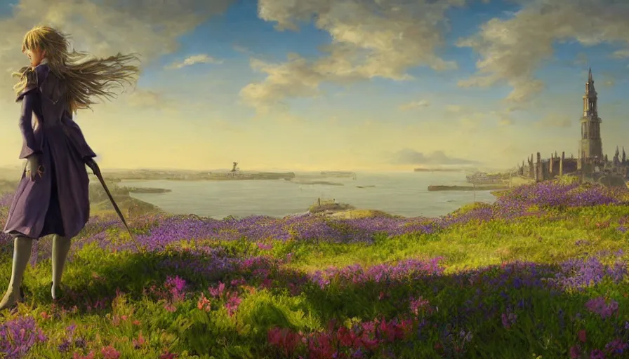 Image similar to over the shoulder landscape painting of violet evergarden standing on a distant colorful flower hill, behind it a distant old european city leiden from violet evergarden next to the reflecting ocean, ocean, sunshine, fantasy, intricate, elegant, highly detailed, digital painting, artstation, blender, unreal engine 5, octane render, smooth, sharp focus, illustration, by Anton Fadeev and Philipp A. Urlich and greg rutkowski