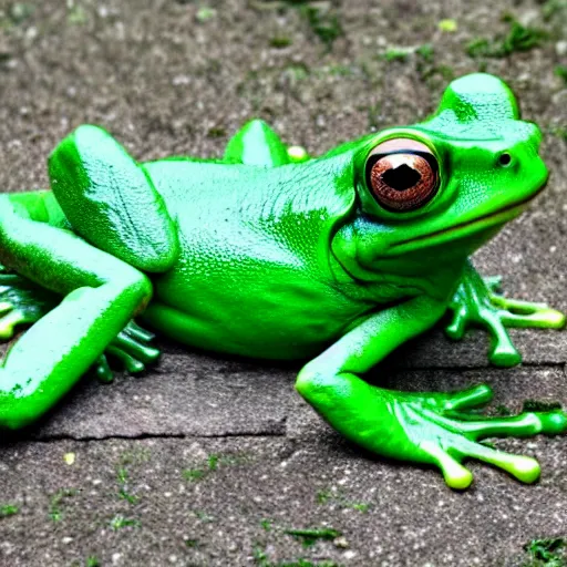 Prompt: a giant green frog poses for an awkward 1980s student portrait