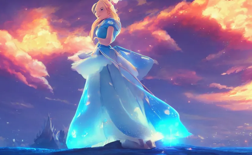 Image similar to Princess rosalina, anime painting, 3d render, hyper realistic, dramatic lighting, the sky is a nebula on fire, 8k hdr pixiv dslr photo by Makoto Shinkai ilya kuvshinov and Wojtek Fus, digital art, concept art,