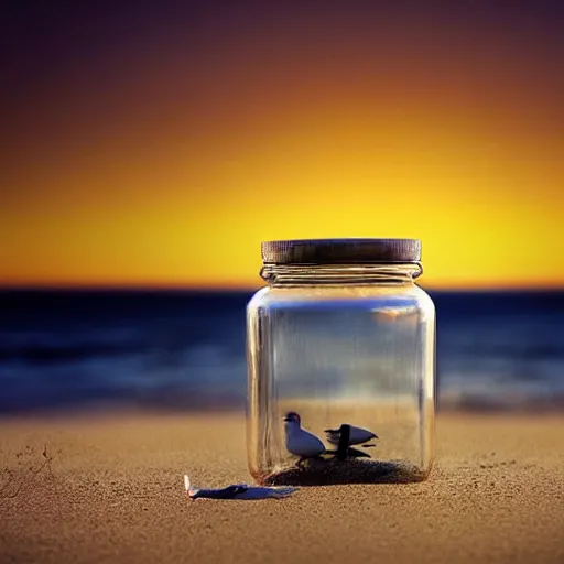 Image similar to a jar of seagulls on the beach at sunset, high resolution, Summer, artistic, award winning, masterpiece