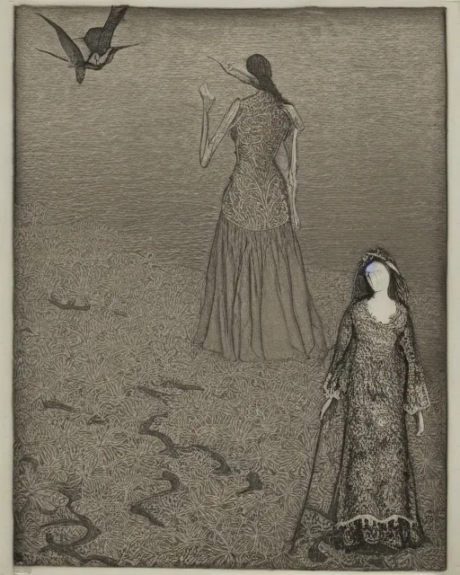 Image similar to a woman standing at the shore, made of intricate decorative lace leaf skeleton, in the style of the dutch masters and gregory crewdson, dark and moody