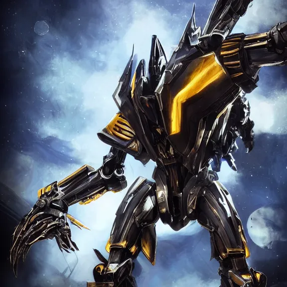 Image similar to cinematic shot, 35 foot tall extremely detailed beautiful handsome quadrupedal western robot mecha dragon, sharp edged black armor, shining gold accents around the edges, sleek OLED blue visor for eyes, four legs, walking in busy neon city streets, sharp claws, epic shot, highly detailed art, sci fi, furry, 3D realistic, warframe fanart, destiny fanart, furry art, dragon art, feral art, macro art, furaffinity, DeviantArt, sofurry