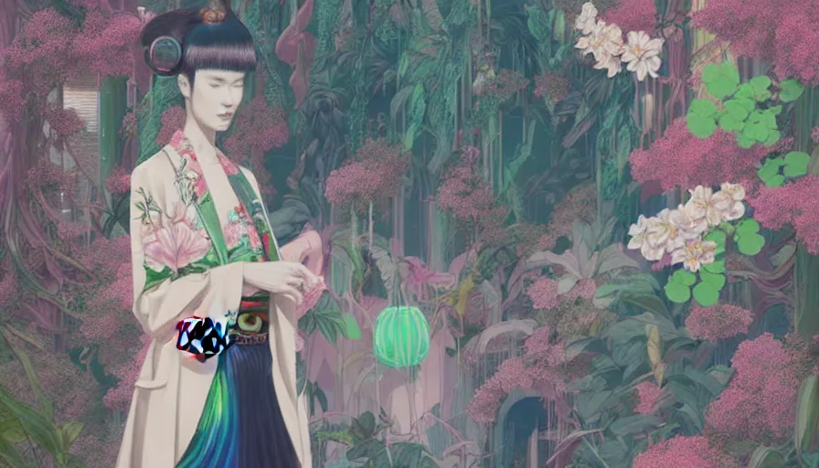 Image similar to a digital painting of a woman wearing gucci exploring a magical japanese temple, lush plants and flowers, eco - cyberpunk art by james jean, cgsociety, retrofuturism, anime aesthetic, chromatic, iridescent, uhd