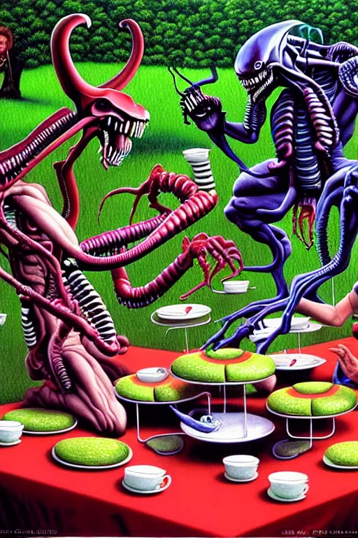 Prompt: a hyperrealistic painting of a xenomorph tea party picnic at the park, by chris cunningham and richard corben, highly detailed, vivid color,