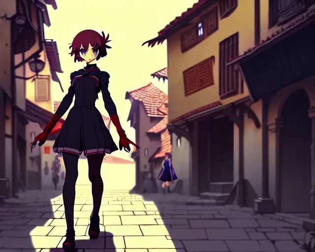 Prompt: anime still frame portrait of a young female walking through a busy medieval village, dynamic pose, dynamic perspective, detailed silhouette, cel shaded anime, ilya kuvshinov