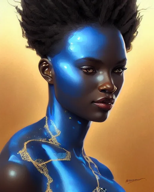 Image similar to Portrait of very very very very very very beautiful african woman, spacesuit, blue eyes, intricate, elegant, highly detailed, digital painting, artstation, concept art, smooth, sharp focus, illustration, art by artgerm and greg rutkowski and alphonse mucha