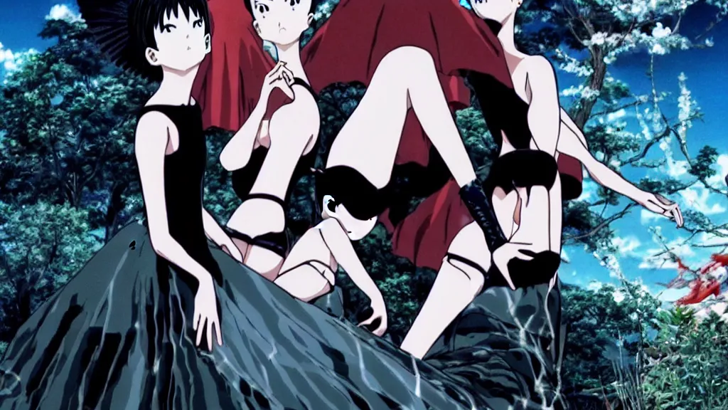 Image similar to black swan ( 2 0 1 0 ) as an anime film still from the an anime directed by katsuhiro otomo with art direction by salvador dali, wide lens