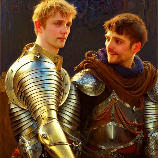 Image similar to attractive arthur pendragon and his attractive male knight, they are in love, natural lighting, path traced, highly detailed, high quality, digital painting, by gaston bussiere, craig mullins, alphonse mucha j. c. leyendecker